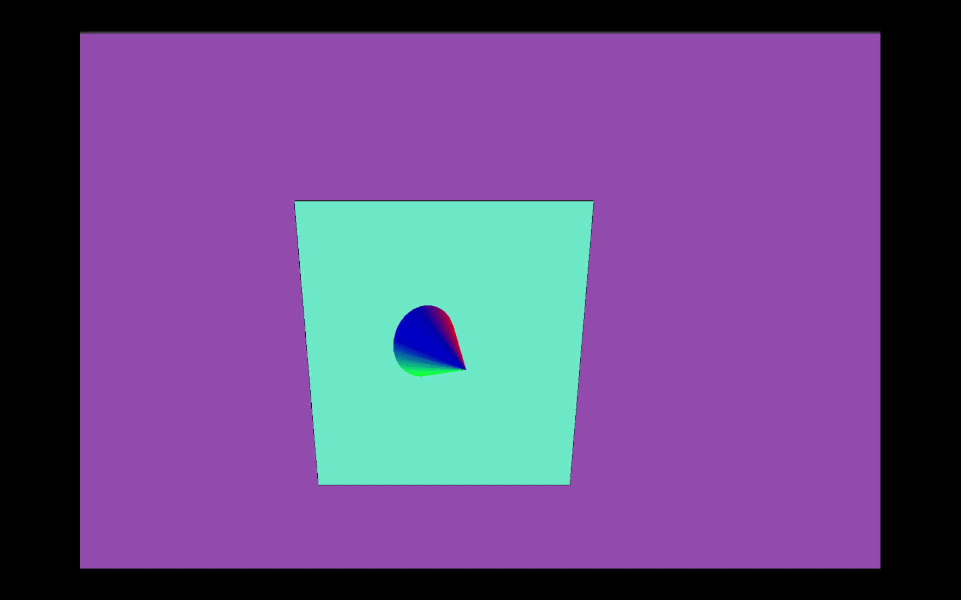 Set on a vivid purple background, a seafoam-green frame twists and bends around a central, colorful oval, almost as if the shape is warping gravity.